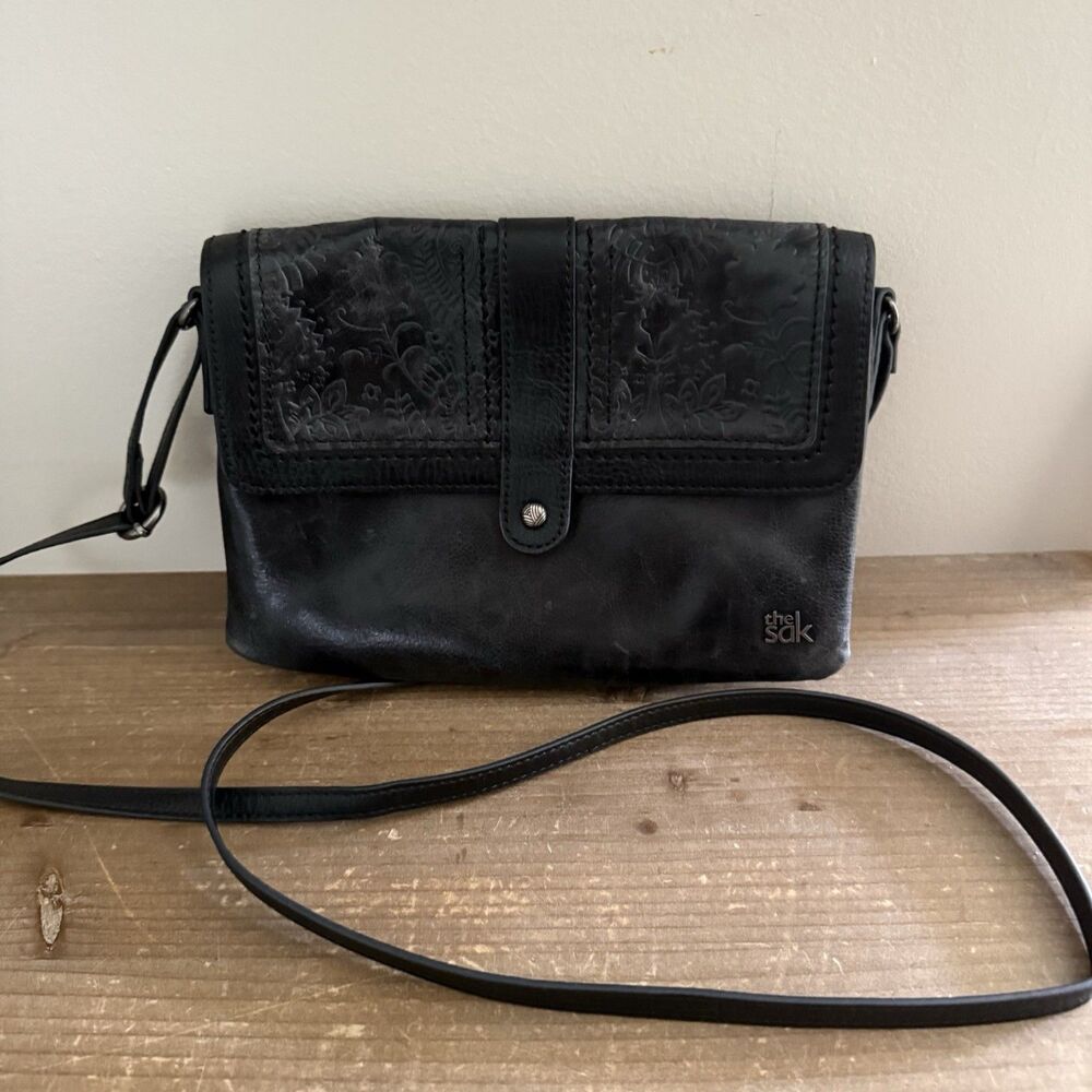 The Sak Loma Small Crossbody Bag Black Floral Embossed Distressed Leather Boho